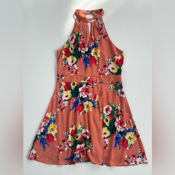 Express Dresses & Skirts - Express Orange Tropical Floral Summer Halter Top Mini Length Dress Size Medium